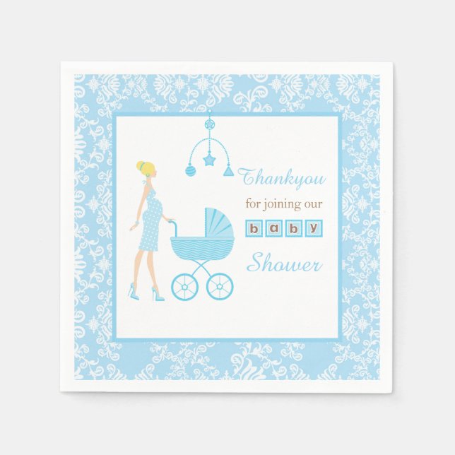 Blue Damask Blonde Woman Baby Shower Pappersservett (Framsidan)