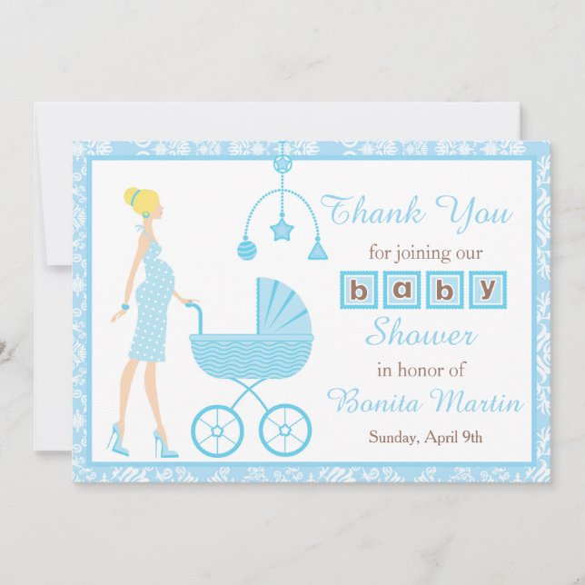 Blue Damask Blonde Woman Baby Shower Tack Kort (Framsida)