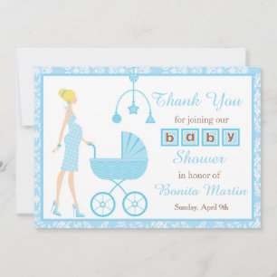 Blue Damask Blonde Woman Baby Shower Tack Kort