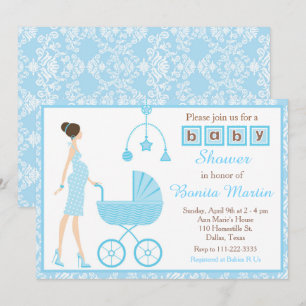 Blue Damask Brunette förväntar sig pojkbabyskor Inbjudningar