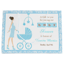 Blue Damask Brunette Woman Baby Shower