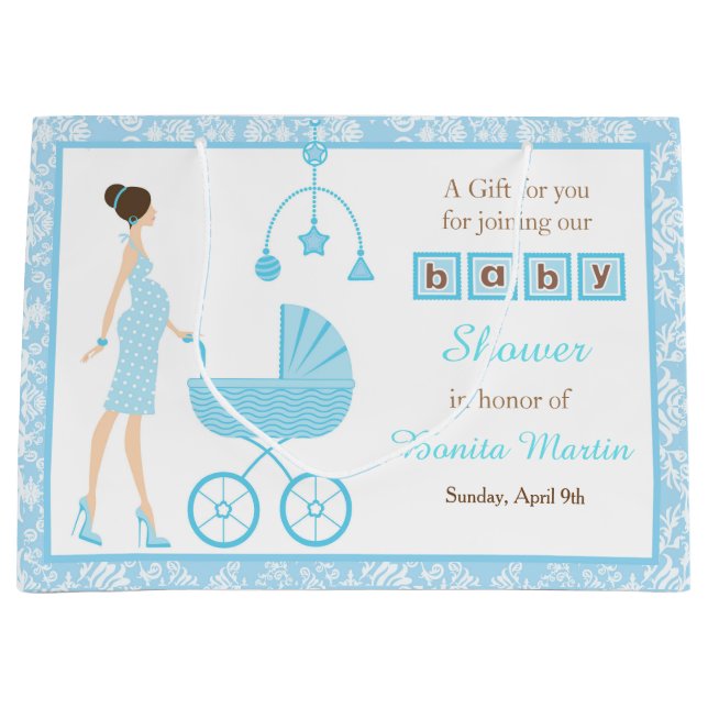 Blue Damask Brunette Woman Baby Shower (Framsidan)