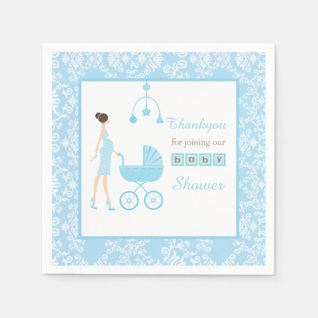 Blue Damask Brunette Woman Baby Shower Pappersservett (Framsidan)
