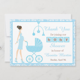 Blue Damask Brunette Woman Baby Shower Tack Kort