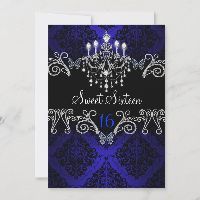 Blue Damask & Butterfly Sweet sixteen Inbjudan (Framsida)