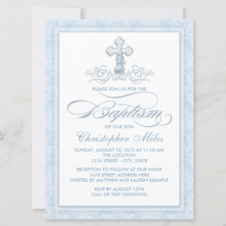 Blue Damask Kor Baptism Inbjudningar