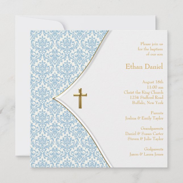 Blue Damask Kor Boy Christening Inbjudningar (Framsida)