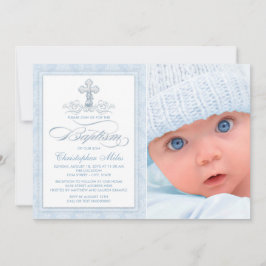 Blue Damask Kor Boy Photo Baptism-inbjudan Inbjudningar
