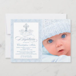 Blue Damask Kor Boy Photo Baptism Inbjudningar
