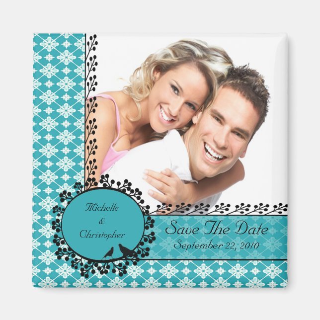 Blue Damask Love birds Photo Spara datum magneter (Framsidan)