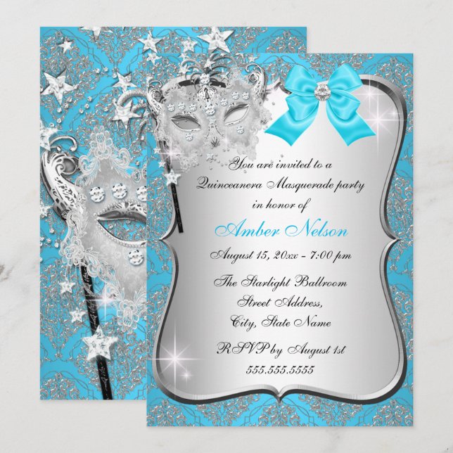 Blue Damask Mask Quinceanera Masquuppad Inbjudan (Fram/baksida)