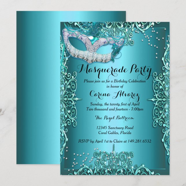 Blue Damask Masqueraad party Birthday-inbjudan Inbjudningar (Fram/baksida)