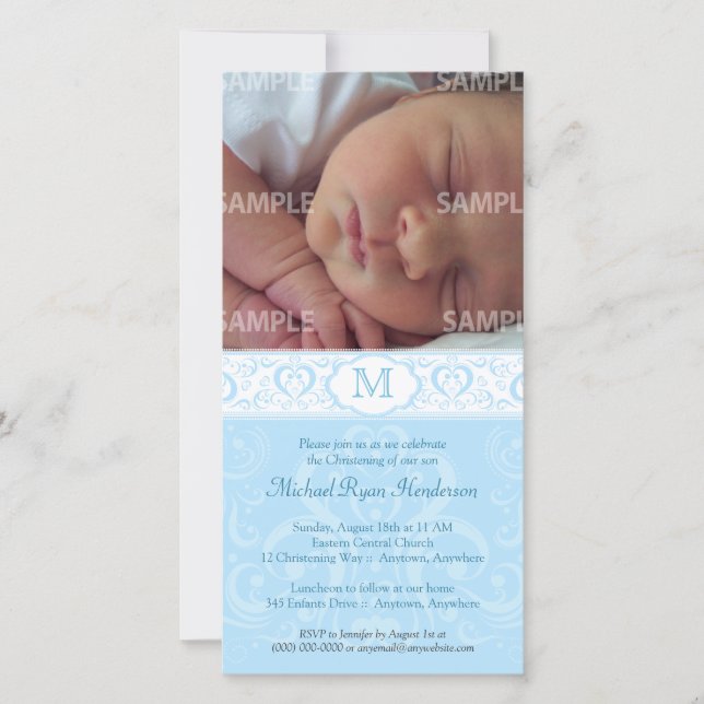 Blue Damask Monogram Baptism/Christening (Framsida)