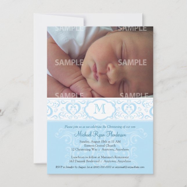 Blue Damask Monogram Baptism/Christening Inbjudningar (Framsida)