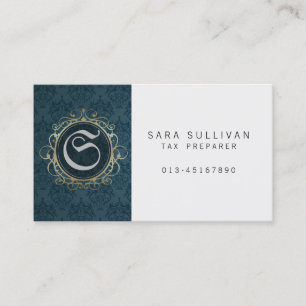 Blue Damask Monogram för skatteförberedare för fin Visitkort