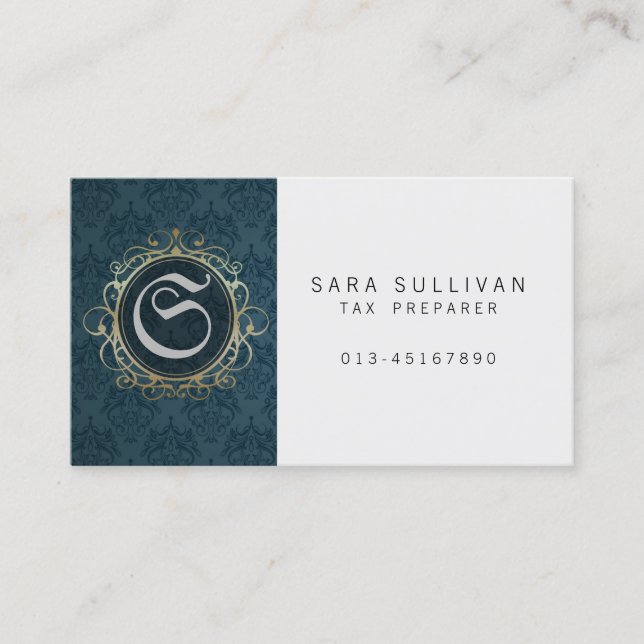 Blue Damask Monogram för skatteförberedare för fin Visitkort (Framsida)