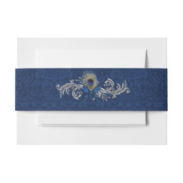 Blue Damask och Peacock Feather Bröllop Belly Band För Inbjudningskort