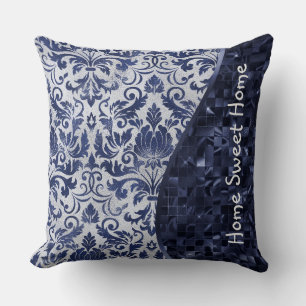 Blue Damask Pattern Glam Glitter Personlig Kudde