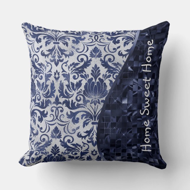 Blue Damask Pattern Glam Glitter Personlig Kudde (Framsida)