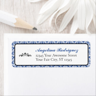 Blue Damask Pattern Studenten Returadress Etikett