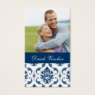 Blue Damask Photo Bröllop Drink Voucher Visitkort