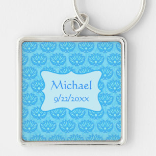 Blue Damask Pojke Namn Personlig Fyrkantig Silverfärgad Nyckelring
