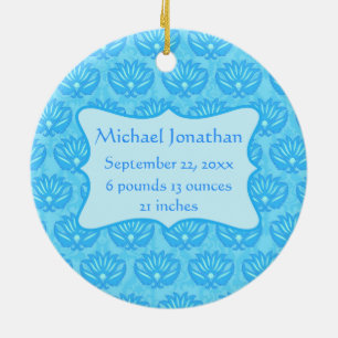 Blue Damask Pojke Namn Personlig Julgransprydnad Keramik