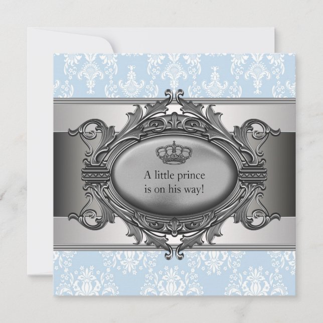Blue Damask Prince Pojke Shower Inbjudningar (Framsida)