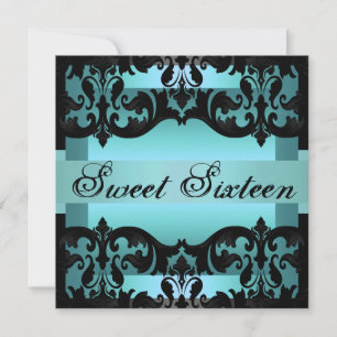 Blue Damask Sweet16 Elegant Birthday Inbjudan