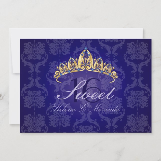 Blue Damask Sweet 16/ tiara/indigo inbjudningar (Framsida)