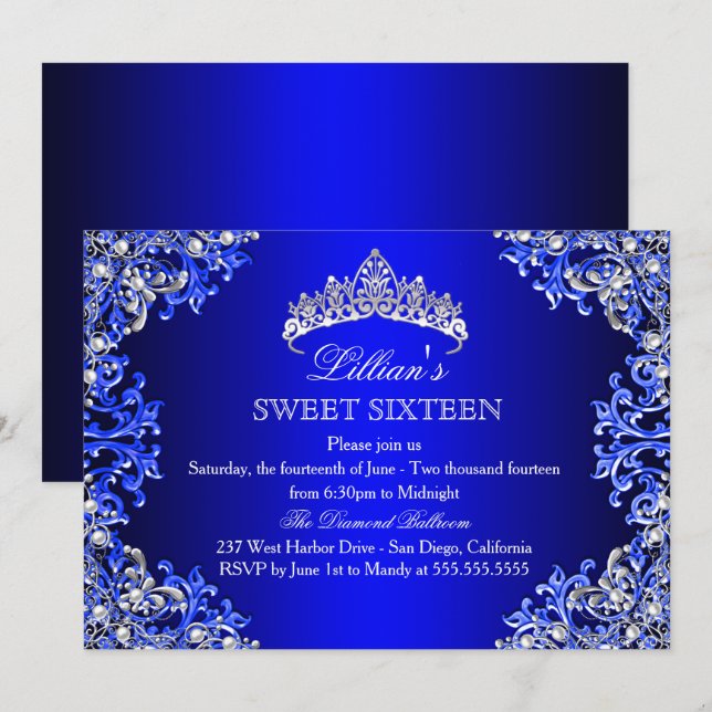Blue Damask Tiara Sweet 16-inbjudan Inbjudningar (Fram/baksida)