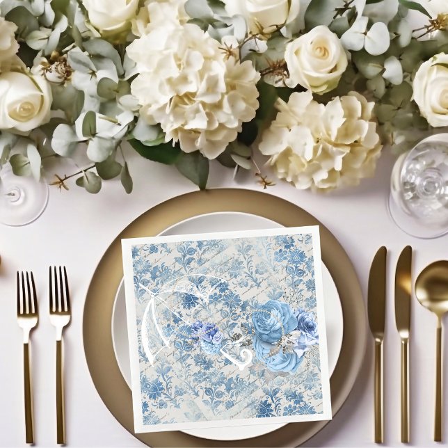 Blue Damask Victorian Umbrella Ephemera Blommigt Pappersservett (Skapare uppladdad)