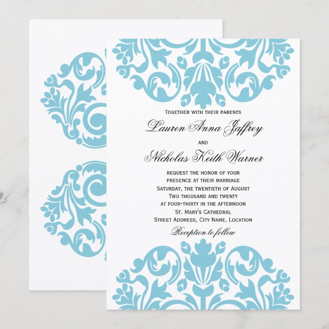 Blue Damask Wedding Inbjudningar (Fram/baksida)
