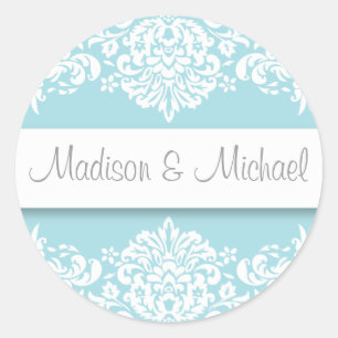 Blue Damask Wedding Stickers Runt Klistermärke
