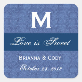 Blue Damask WeddingMonogram Fyrkantigt Klistermärke