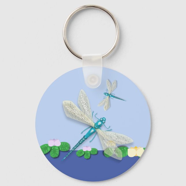 Blue Damselflies ovanför Vatten Lily's Nyckelring (Framsida)