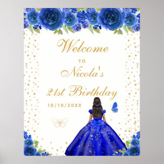 Blue Dark Skin Girl Birthday Party Welcome Poster