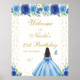 Blue Dark Skin Girl Birthday Party Welcome Poster