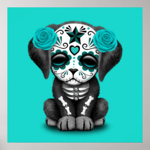 Blue Day of the dead Puppy Hund Poster