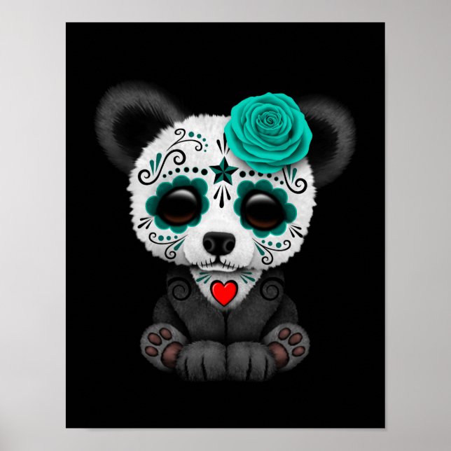 Blue Day of the dead Sugar Skull Panda on Black Poster (Framsidan)