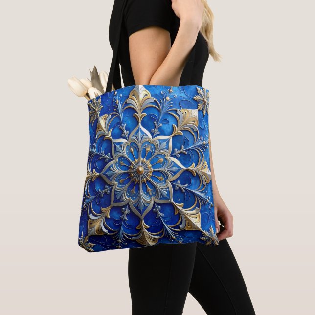 Blue Decorative Christmas Holiday Tote Bag Tygkasse (Närbild)