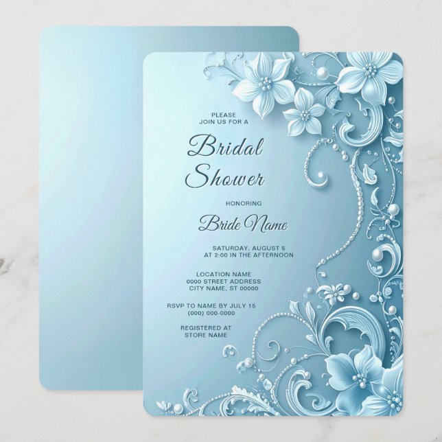 Blue Decorative Floral Bridal Shower Inbjudningar (Fram/baksida)