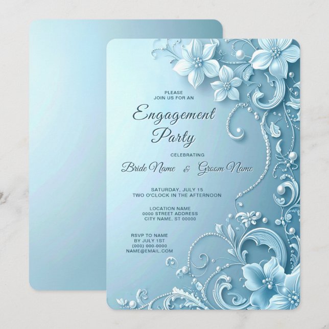 Blue Decorative Floral Engagement Invitation Inbjudningar (Fram/baksida)