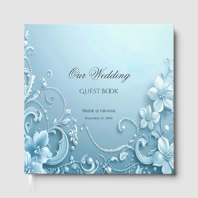 Blue Decorative Floral Guest Book Gästböcker (Framsida)