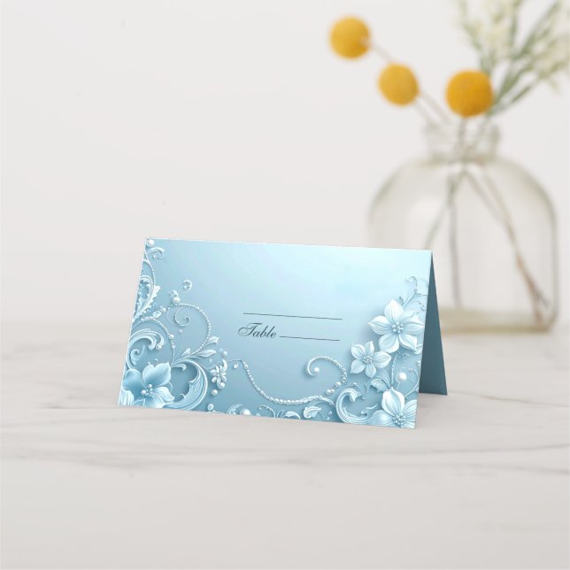 Blue Decorative Floral Place Card Placeringskort (Framsida)