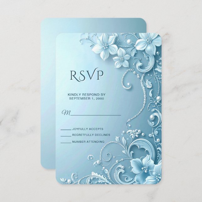 Blue Decorative Floral RSVP Card OSA Kort (Fram/baksida)