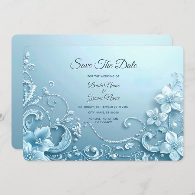 Blue Decorative Floral Save The Date Spara Datumet (Fram/baksida)
