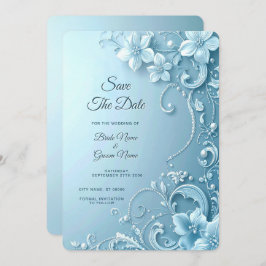 Blue Decorative Floral Save the Date Spara Datumet
