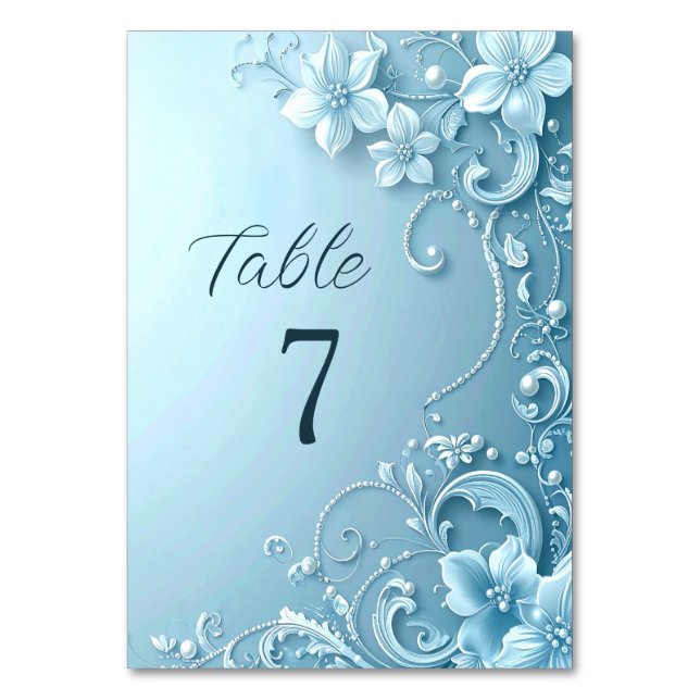 Blue Decorative Floral Table Number Bordsnummer (Framsidan)
