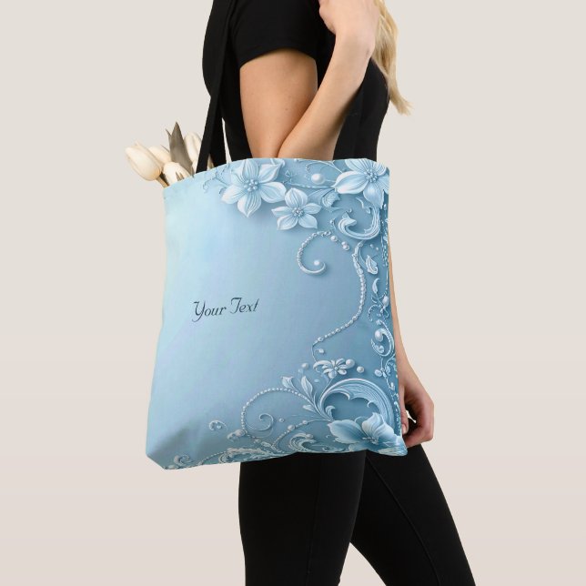 Blue Decorative Floral Tote Bag Tygkasse (Närbild)